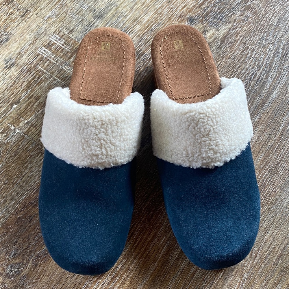 White Mountain Navy Suede-Look Mule Slippers with Cream Shearling Women's  11M